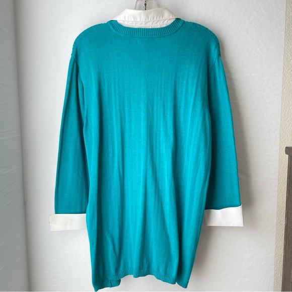 NY Collection Woman Teal Sweater Top Attached Collar & Silver Pendant Size 3X - Picture 7 of 12